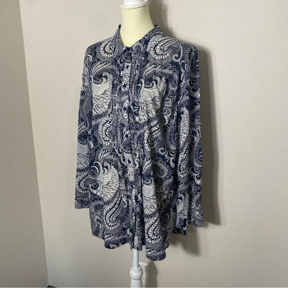 Talbots 100% Cotton Navy Blue Paisley Button Up Tunic Blouse Women's Size XL - Picture 14 of 16